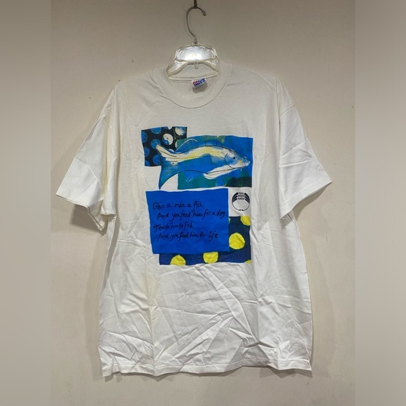 Vintage 90s The Body Shop Teach A Man To Fish Graphic Tee Size Xl Single Stitch - Picture 1 of 3